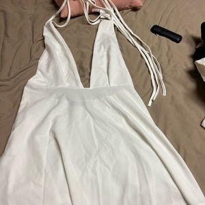 White deep V cut dress